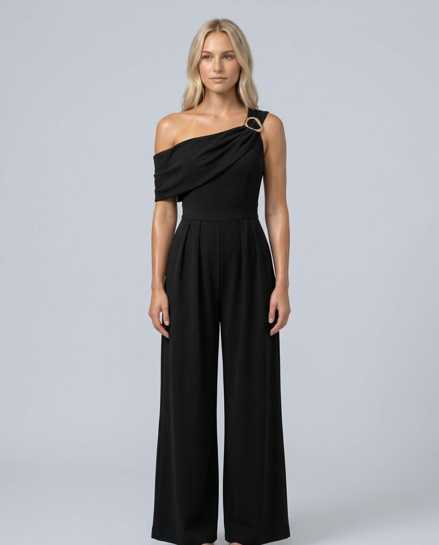 One-Shoulder Buckle Wide-Leg Jumpsuit — women's jumpsuit by Emyri