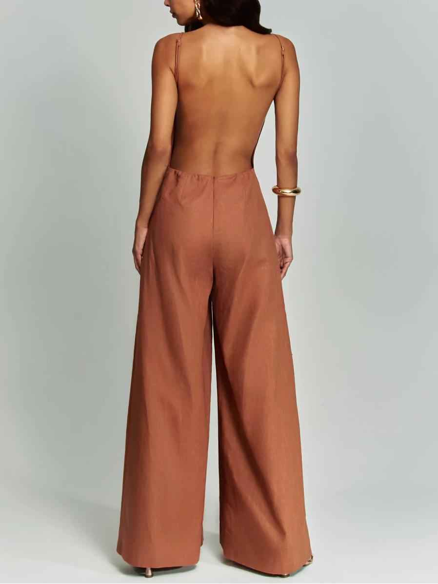 Open Back Wide Leg Linen Jumpsuit — women's jumpsuit, view 3 by Emyri