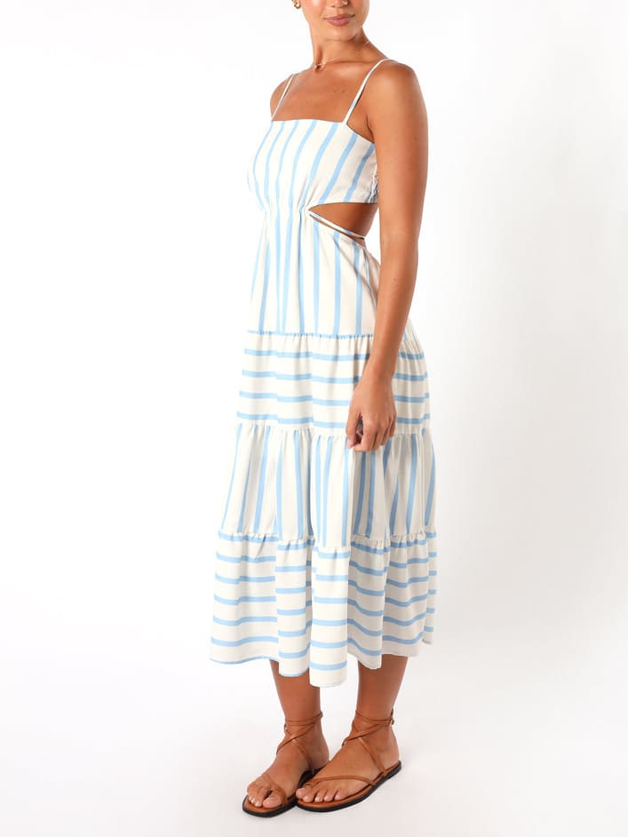 Open-Back Shirred Stripe Midi Dress