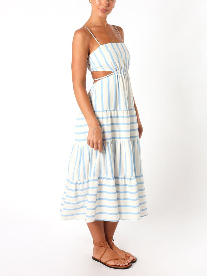 Open-Back Shirred Stripe Midi Dress