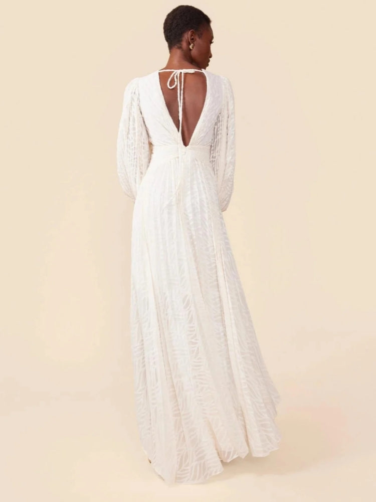 Pleated Devore Puff Sleeve Maxi Dress — women's maxi dress, view 10 by Emyri