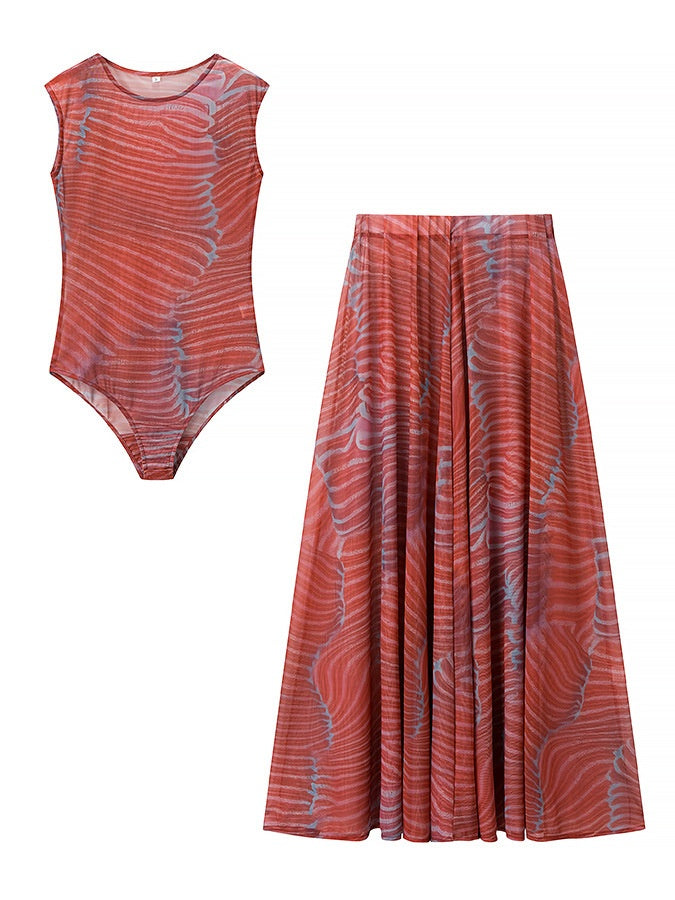Printed Mesh Top & Maxi Skirt Set — women's two-piece set, view 10 by Emyri