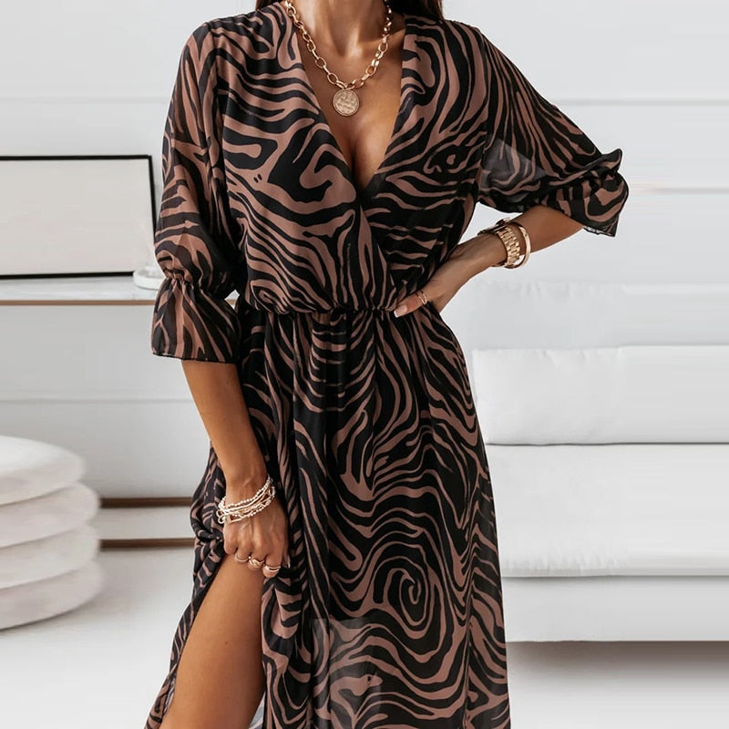 Printed Side-Slit Midi Dress — women's midi dress, view 4 by Emyri