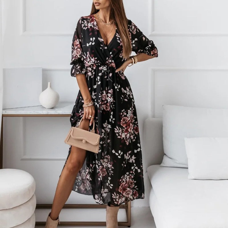 Printed Side-Slit Midi Dress — women's midi dress, view 7 by Emyri
