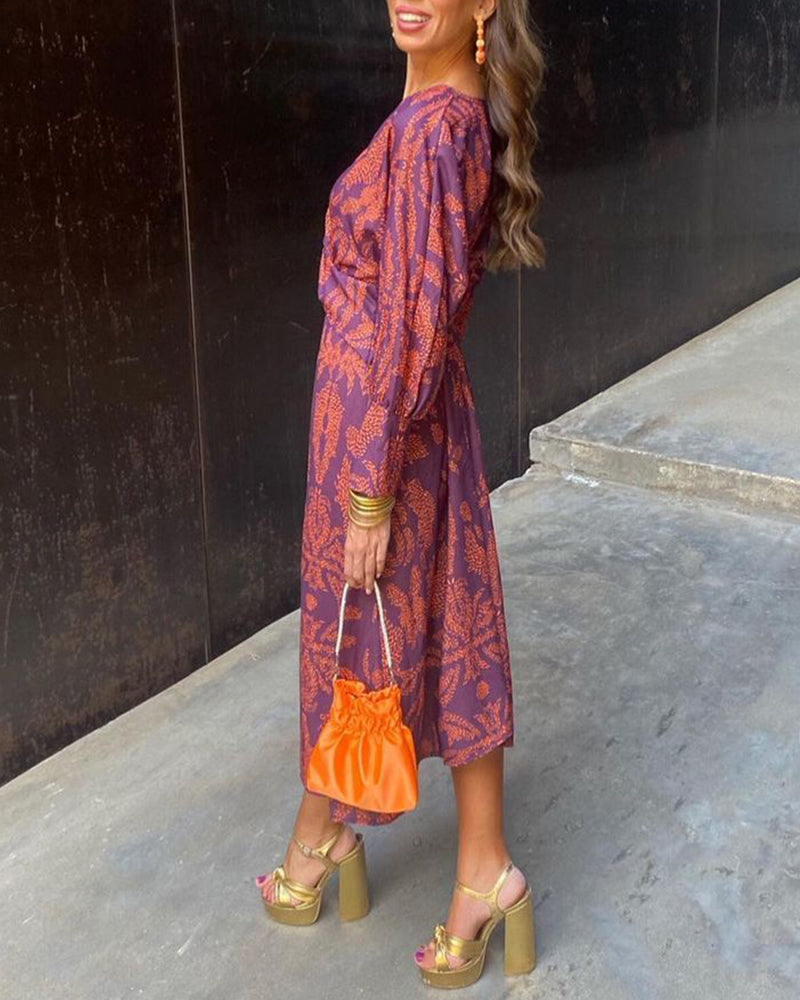 Printed Wrap Waist Midi Dress — women's midi dress, view 2 by Emyri