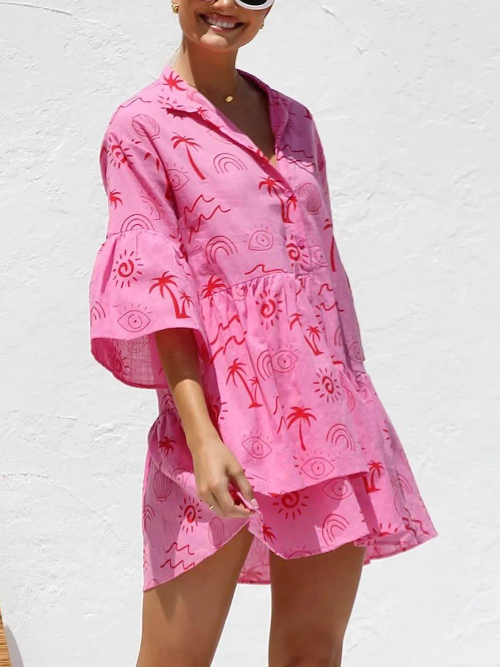 Floral Print Bell-Sleeve Shirt Dress