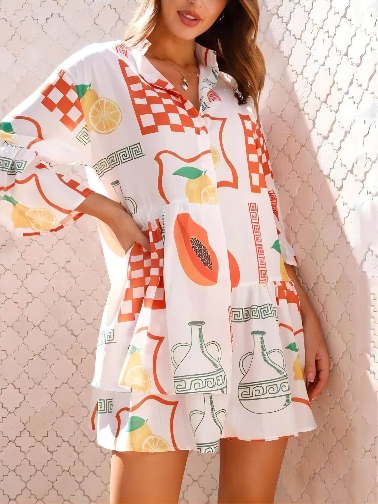 Floral Print Bell-Sleeve Shirt Dress