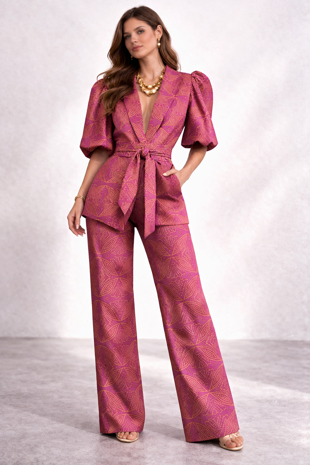 Puff Sleeve Wide Leg Trouser Set — women's two piece set, view 2 by Emyri