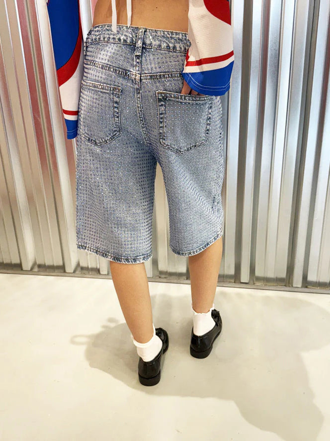 Rhinestone Longline Denim Shorts — women's denim shorts, view 2 by Emyri