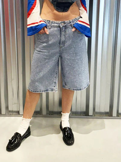 Rhinestone Longline Denim Shorts — women's denim shorts by Emyri