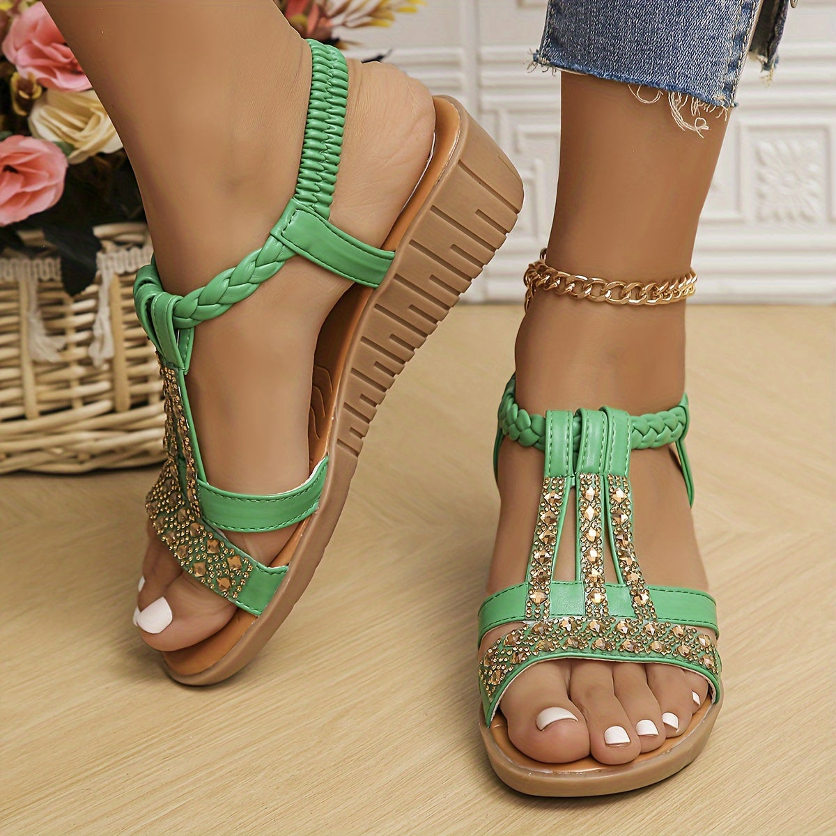 Rhinestone T-Strap Wedge Sandals — women's wedge sandals, view 12 by Emyri