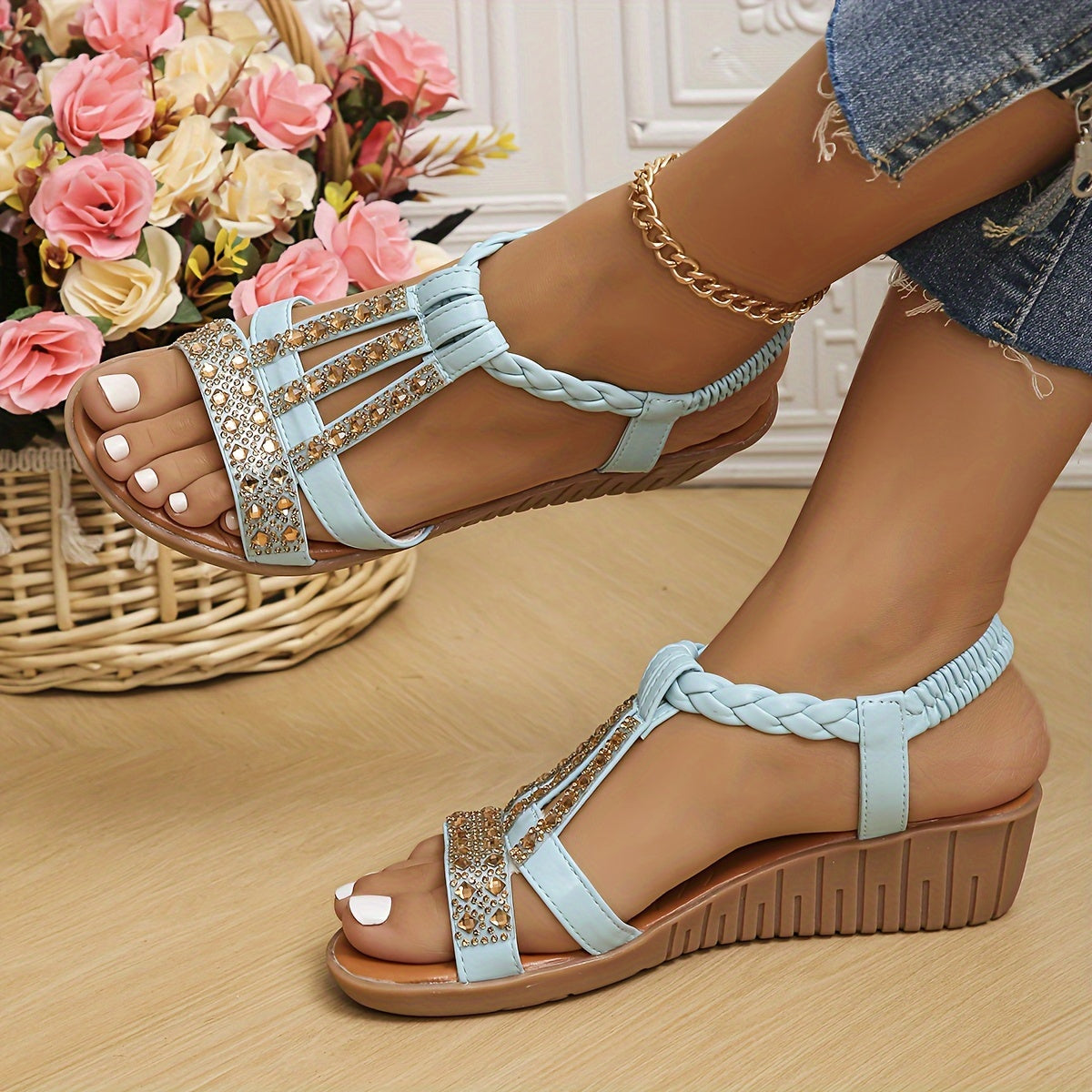 Rhinestone T-Strap Wedge Sandals — women's wedge sandals, view 8 by Emyri