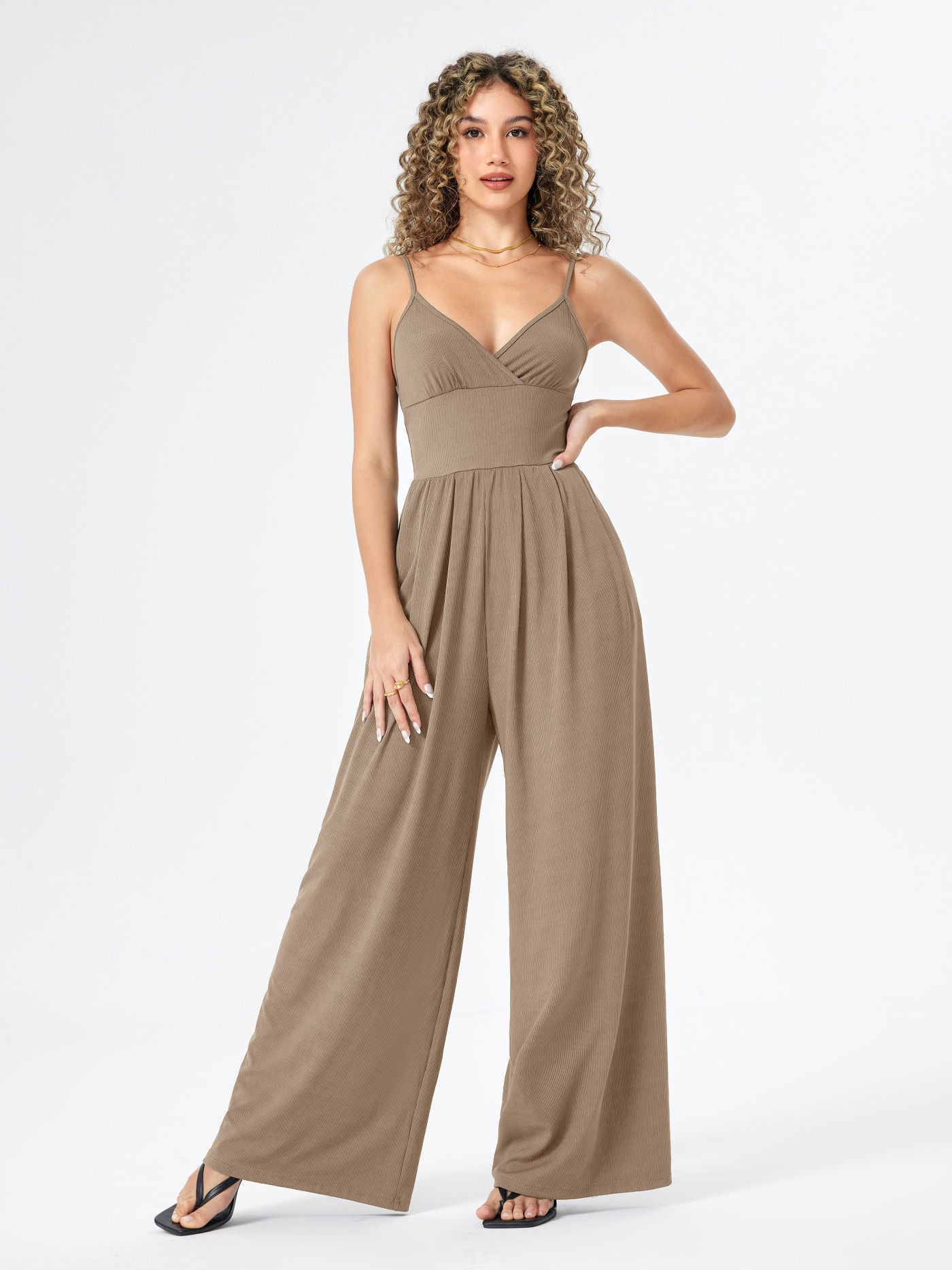 Ribbed V-Neck Wide-Leg Jumpsuit — women's jumpsuit, view 4 by Emyri