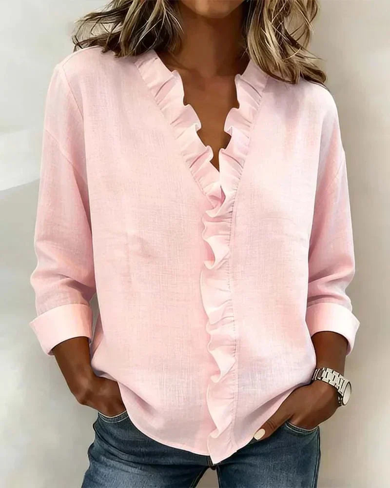 Ruffle V-Neck Blouse — women's blouse, view 2 by Emyri