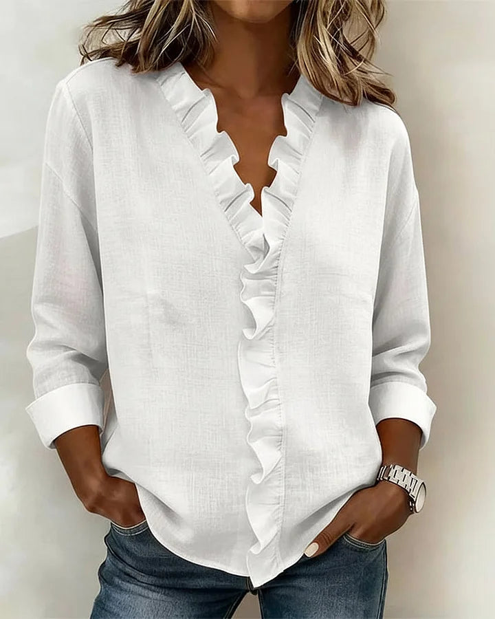 Ruffle V-Neck Blouse — women's blouse, view 3 by Emyri