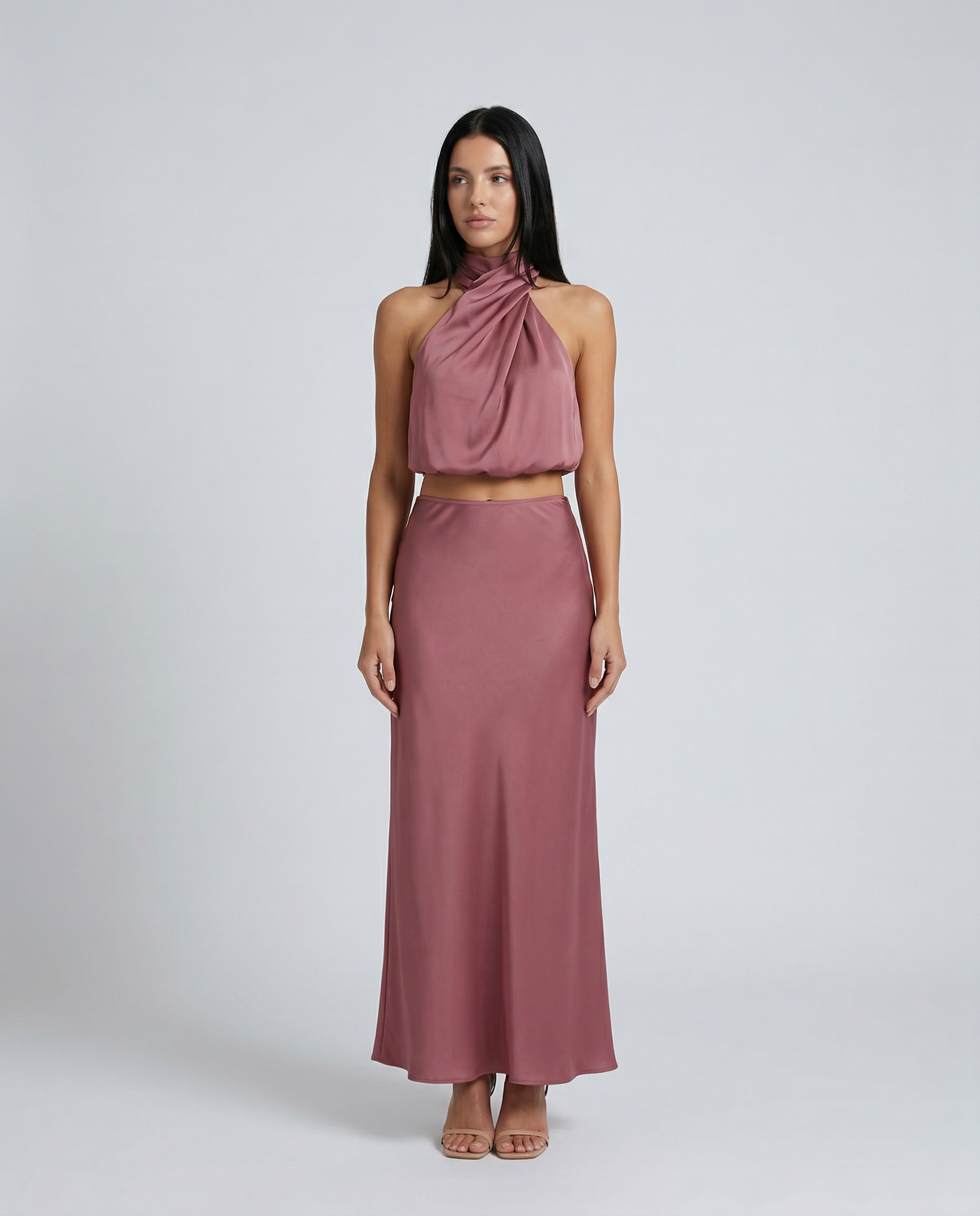 Satin Halter Bias Maxi Set — women's two-piece set, view 3 by Emyri