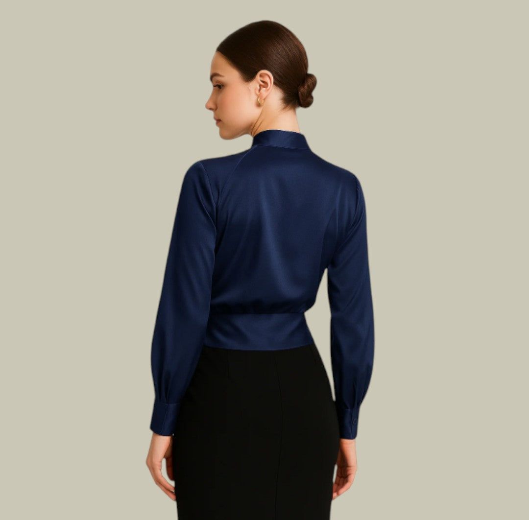 Satin Wrap-Front Blouse — women's blouse, view 3 by Emyri