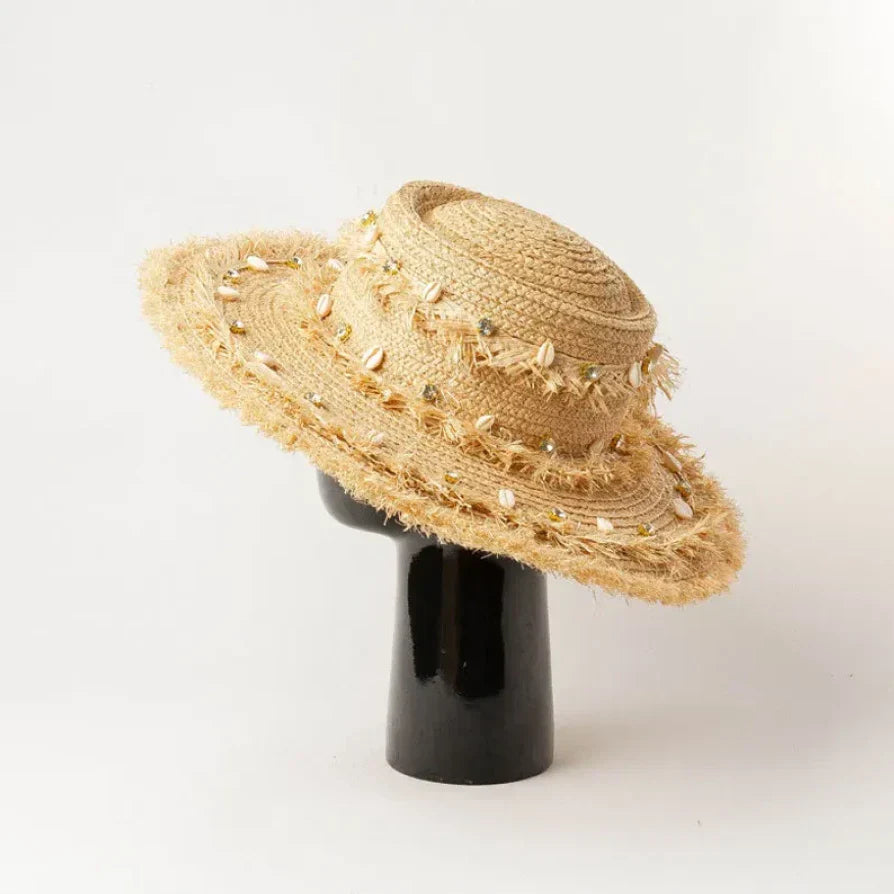 Shell Trim Raffia Boater Hat — women's boater, view 4 by Emyri