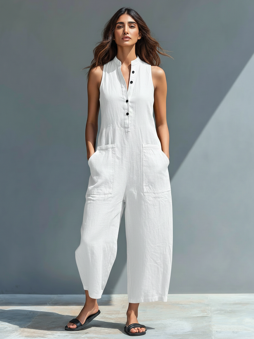 Sleeveless Linen Jumpsuit — women's jumpsuit, view 3 by Emyri