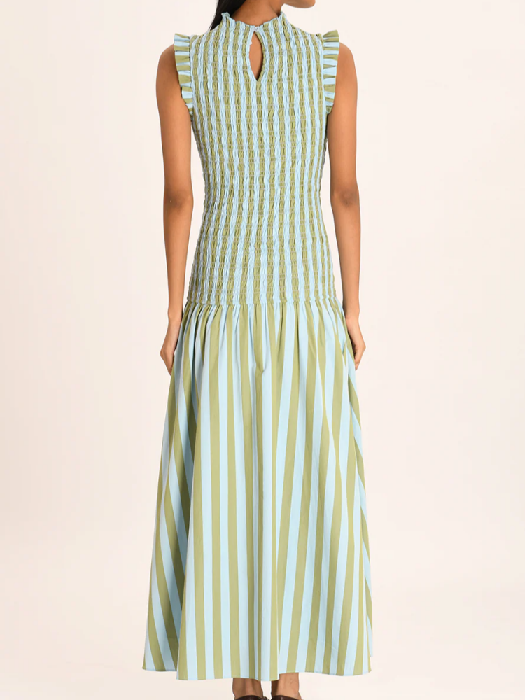 Smocked Striped Mock Neck Maxi Dress — women's maxi dress, view 3 by Emyri