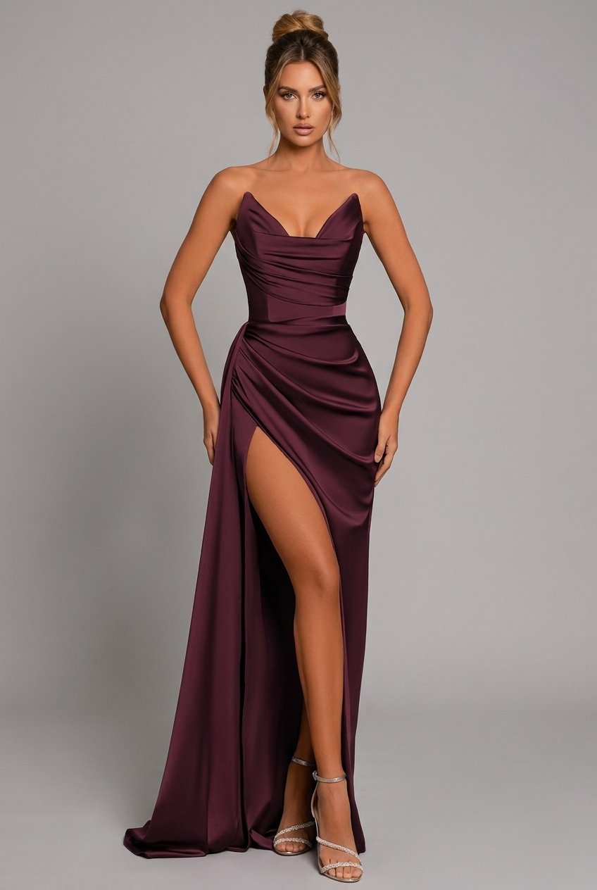 Sweetheart Ruched Satin Maxi Dress — women's maxi dress by Emyri