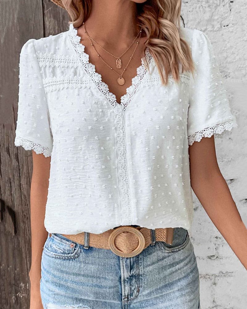 Swiss Dot Lace Trim Puff Sleeve Blouse — women's blouse by Emyri