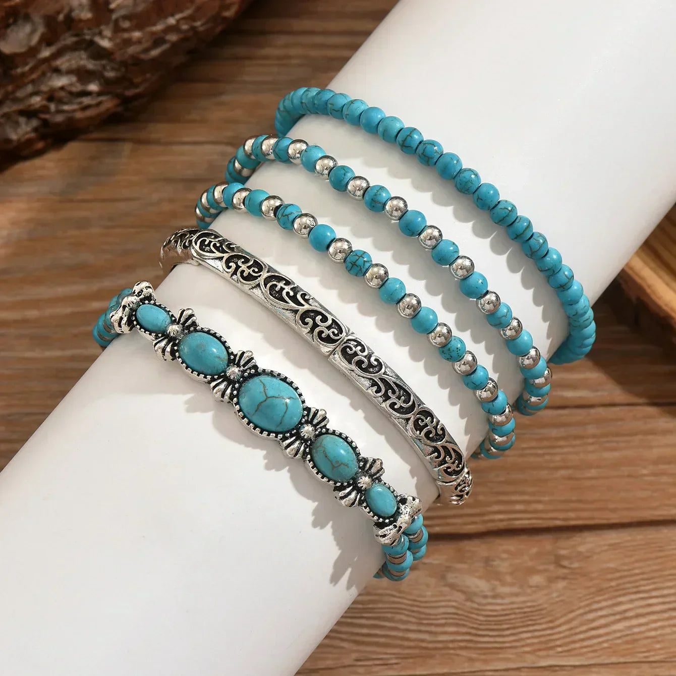 Turquoise Boho Beaded Bracelet Set — women's bracelet set, view 4 by Emyri