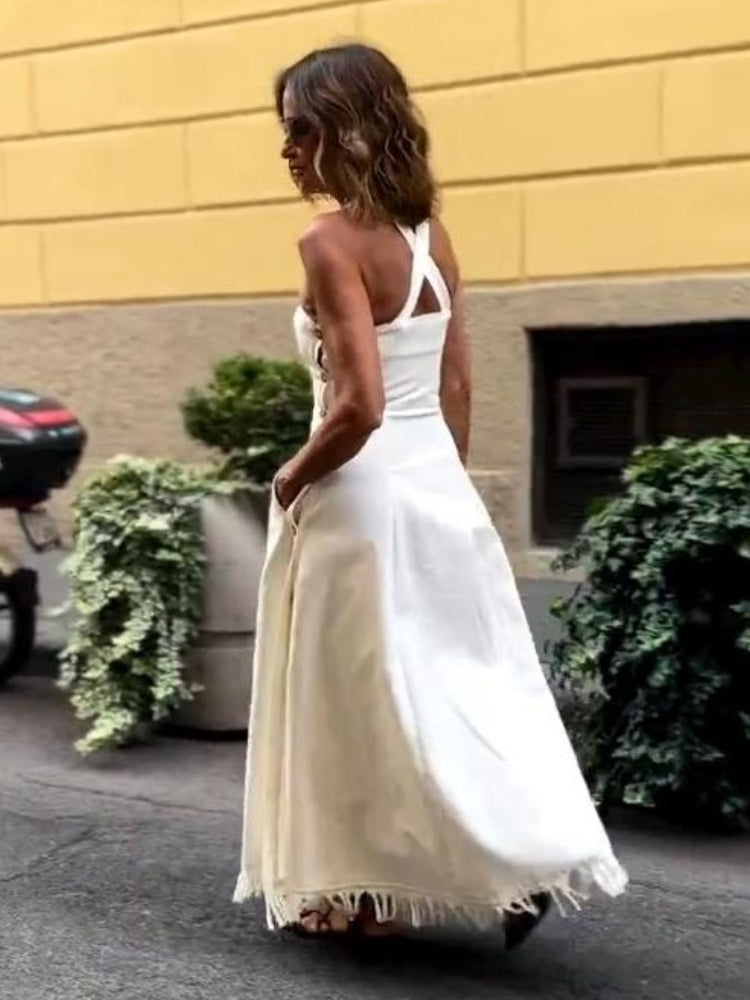 White Fringe Maxi Dress — women's maxi dress, view 7 by Emyri
