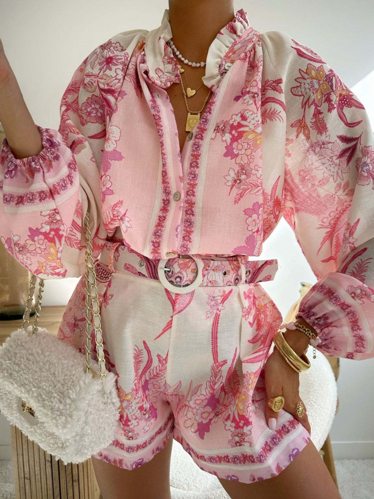 Women's pink 3D print long sleeve shorts set