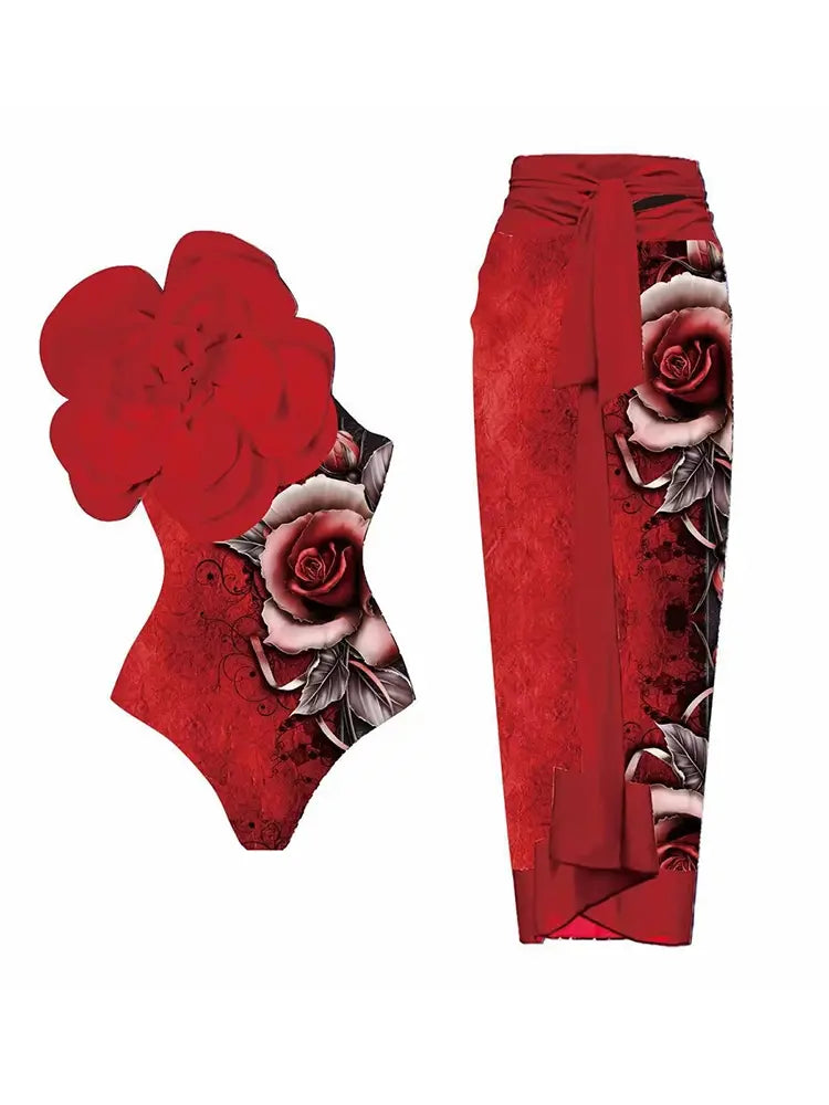 Women's 3D Red Floral Bust Accent Swimsuit