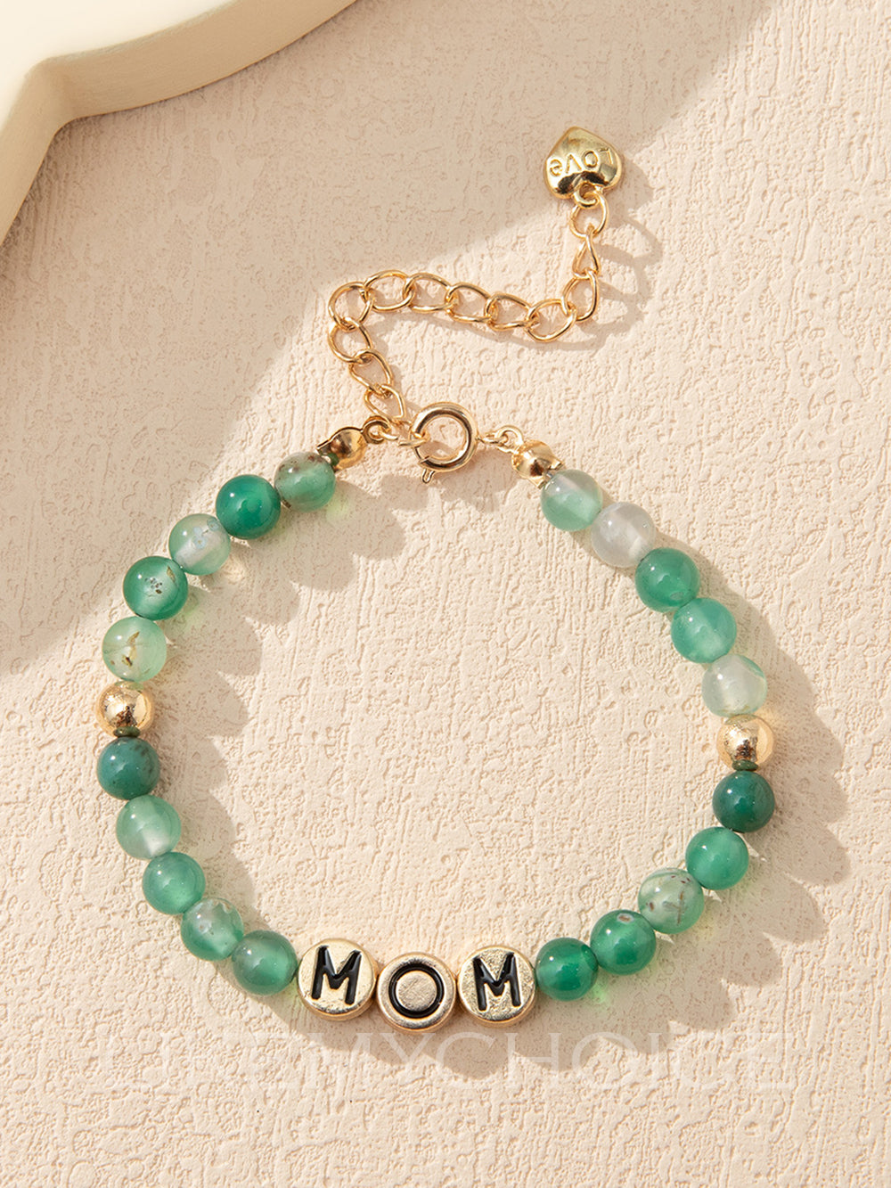 Women's green agate beaded heart charm bracelet