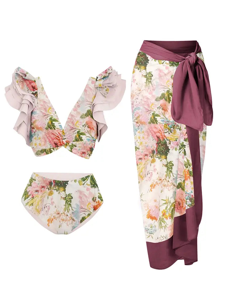 Women's appliqué ruffle bikini set