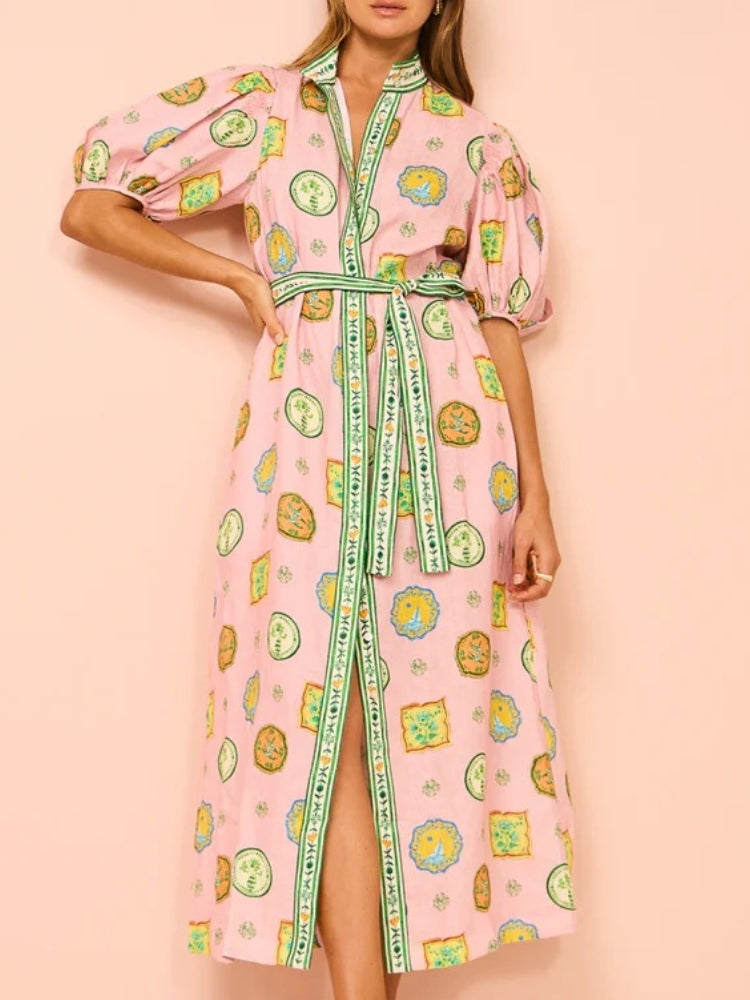Women's pink balloon sleeve print cardigan
