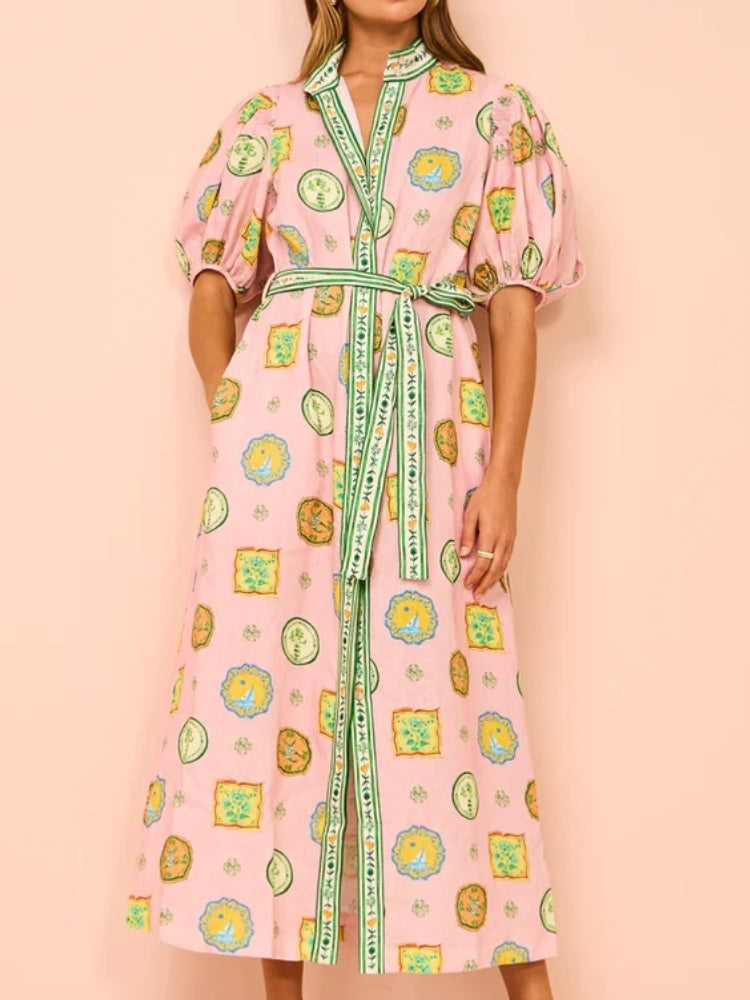 Women's pink balloon sleeve print cardigan