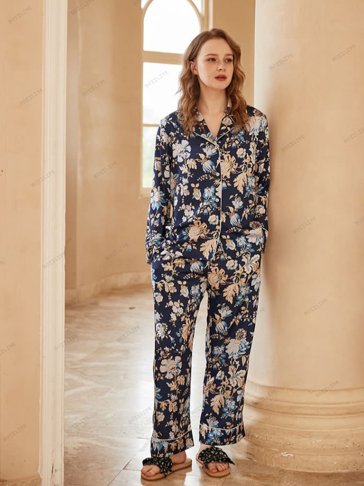 Women's blue begonia floral print pajama set