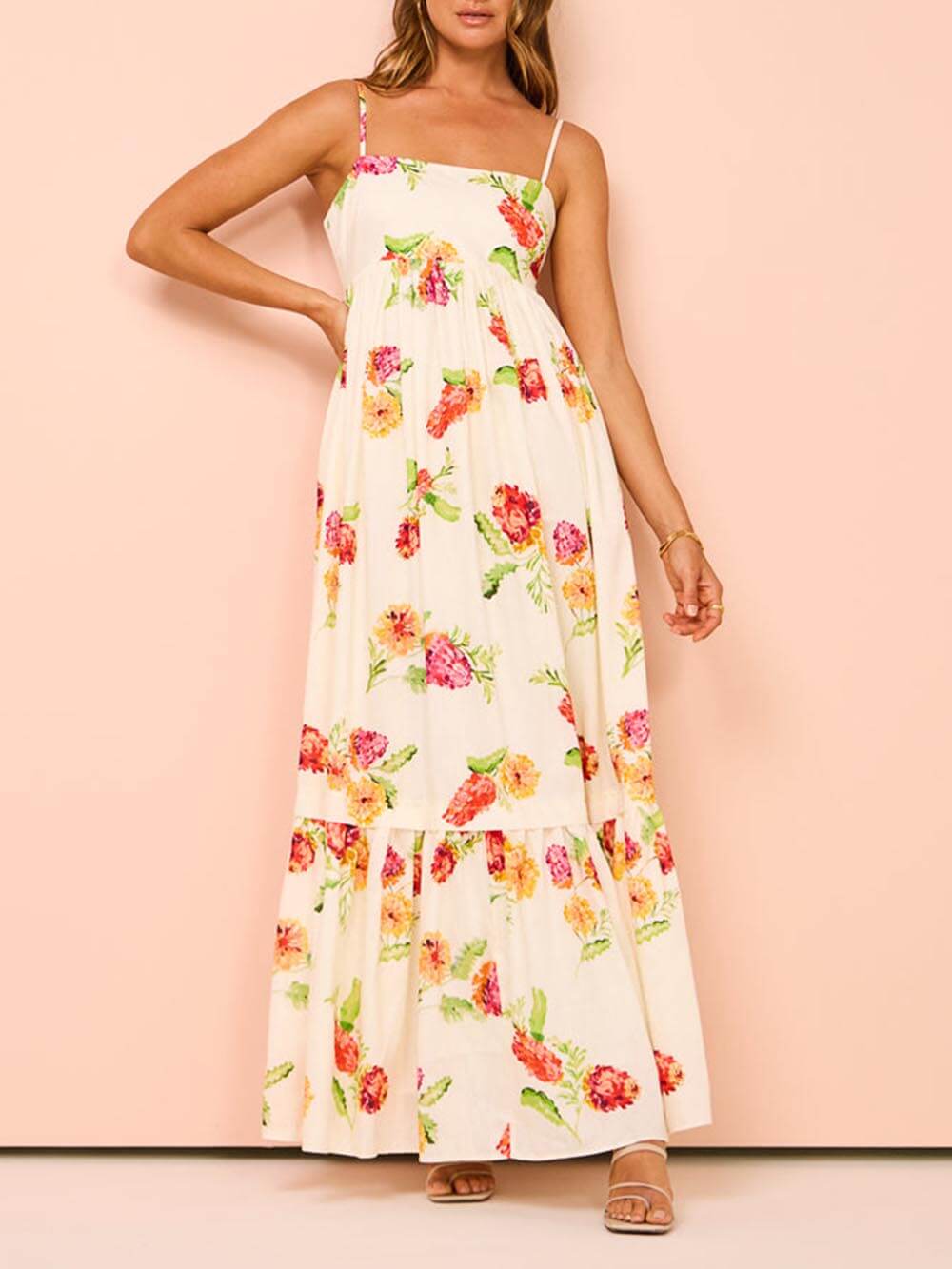 Women's beige floral print halter backless maxi dress