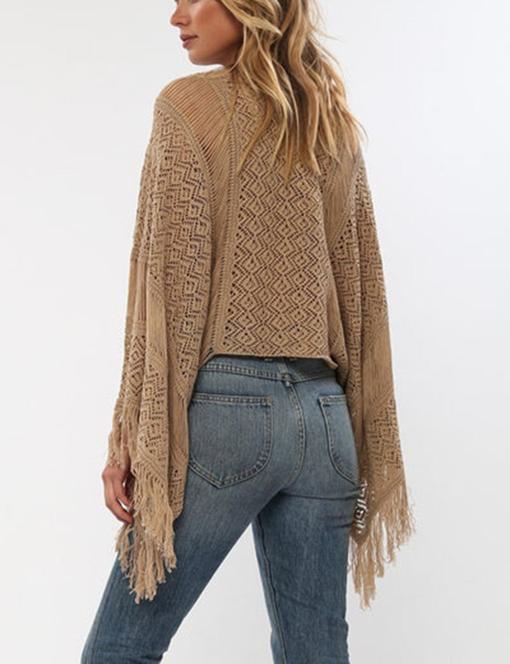 Women's Beige Fringe Crochet Cover-Up — styled view
