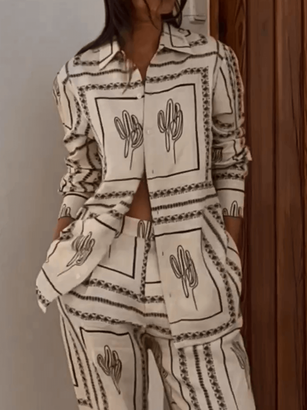 Women's beige geometric print two-piece set — full length