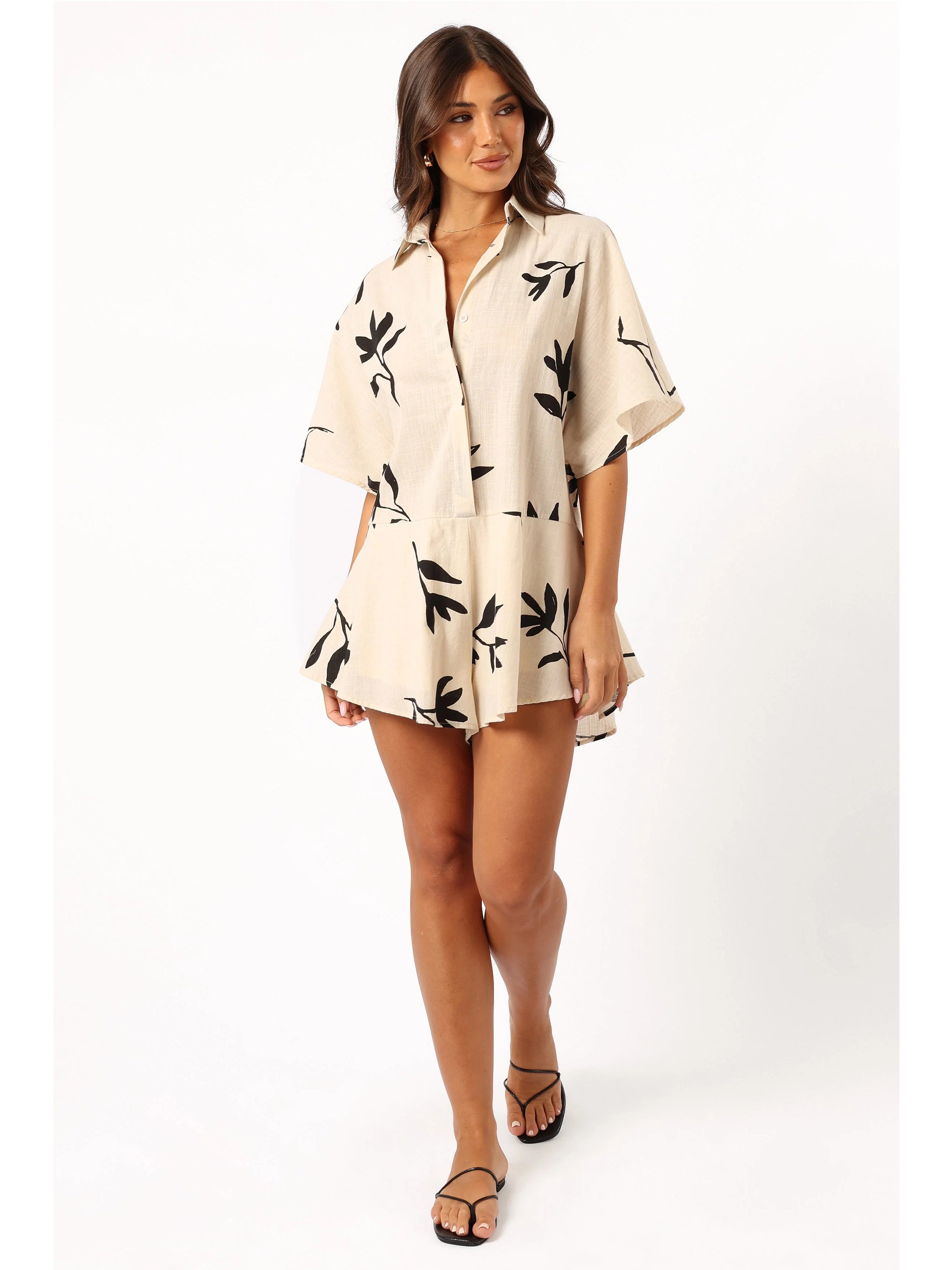 Women's beige leaf print button-down romper