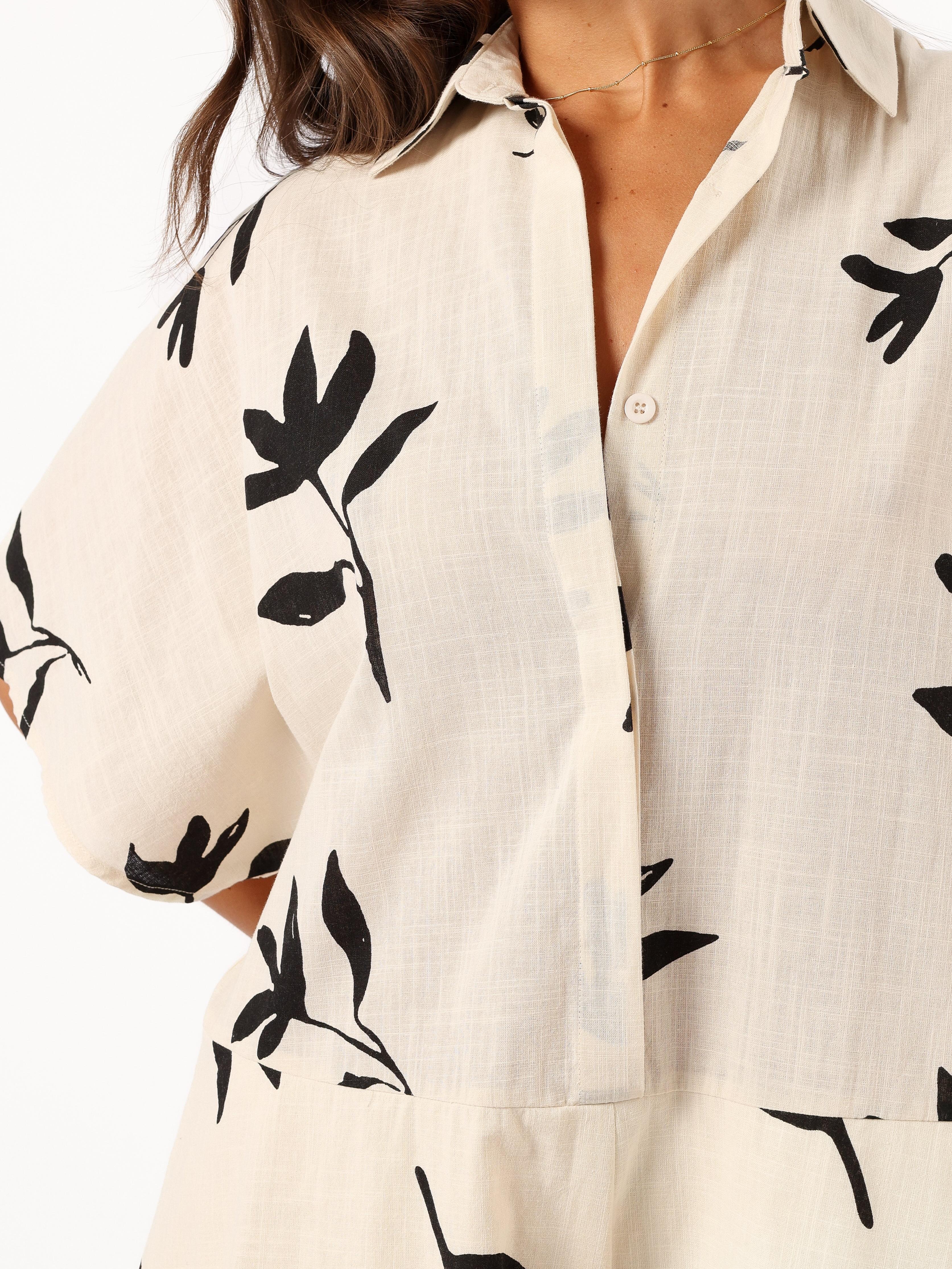 Women's beige leaf print button-down romper — full length