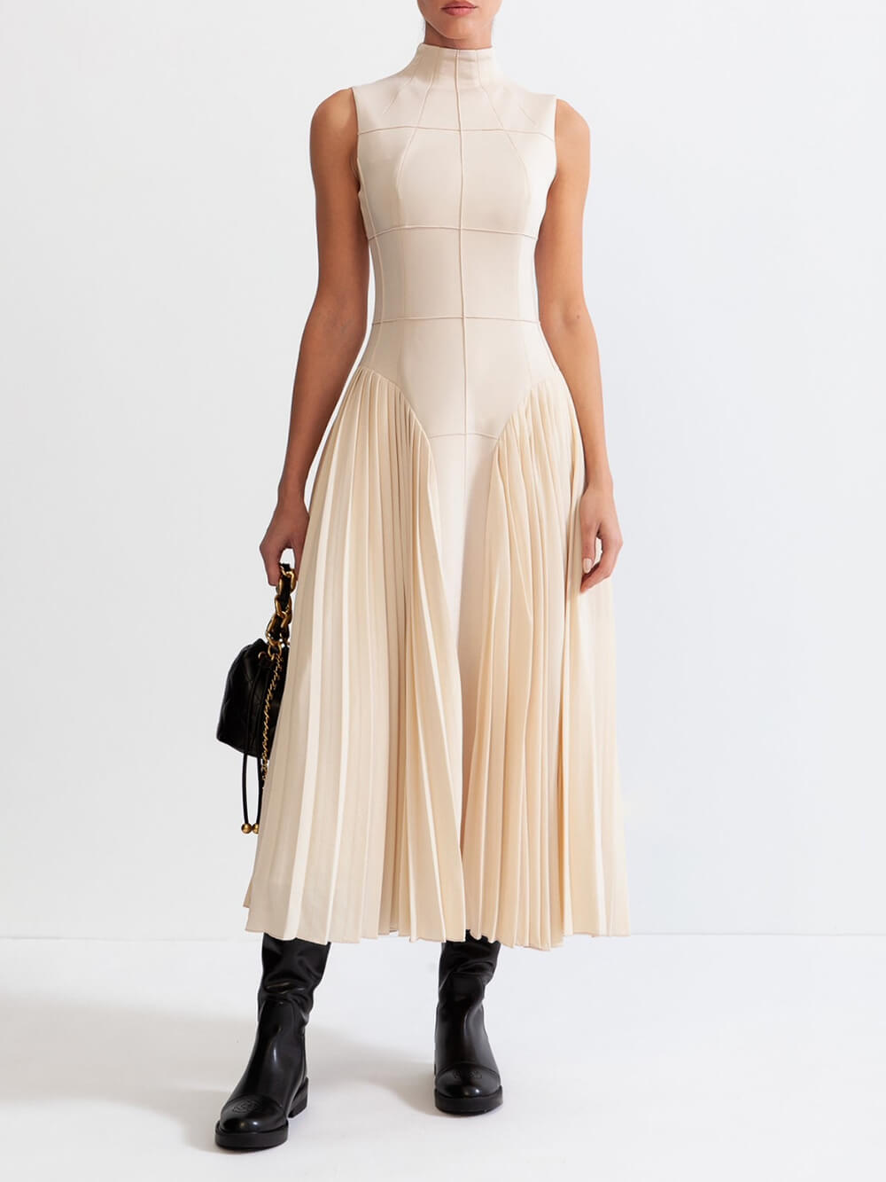 Women's beige pleated panel sleeveless midi dress