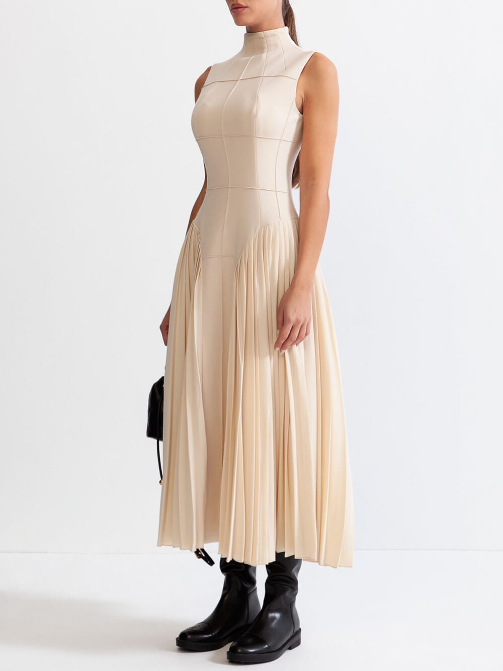 Women's beige pleated panel sleeveless midi dress — back view