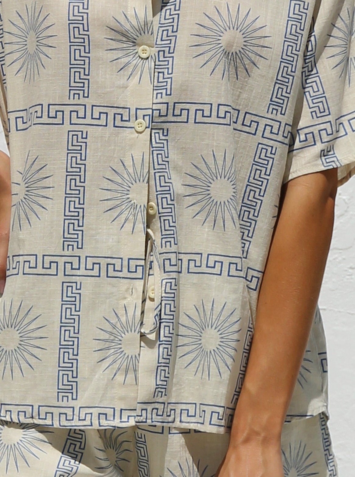 Women's beige contrast print shirt and shorts set — back view
