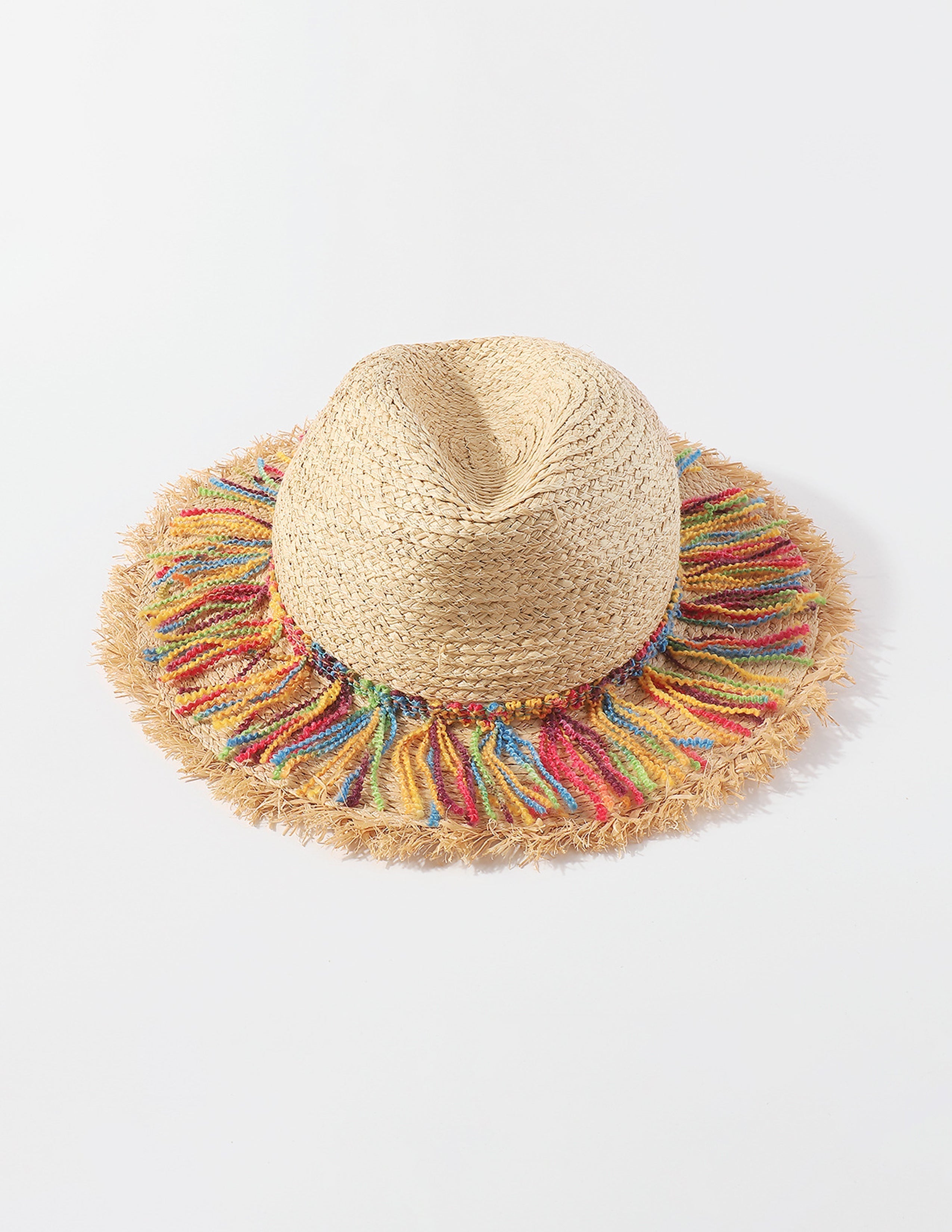 Women's beige straw hat with cotton rope tassel trim
