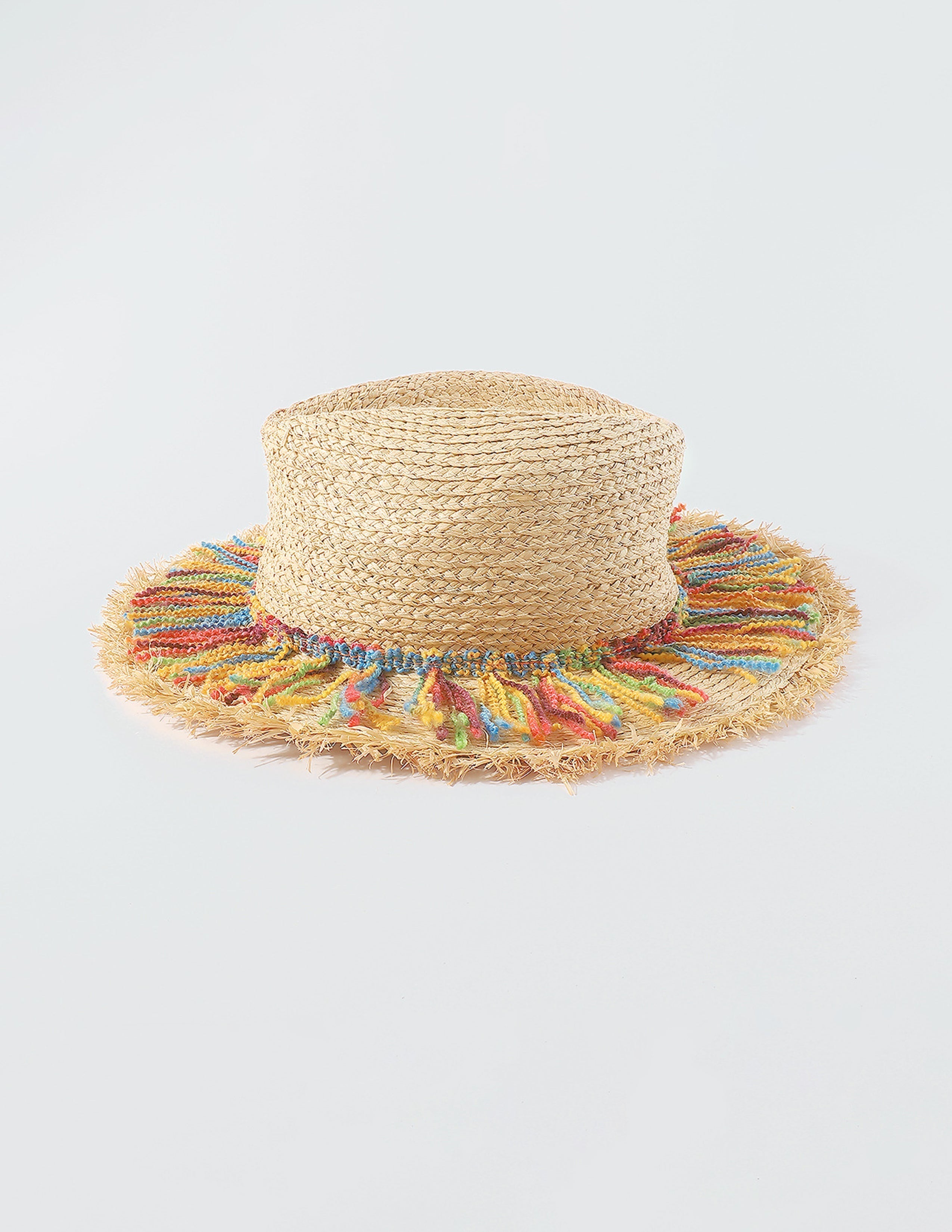 Women's beige straw hat with cotton rope tassel trim — back view