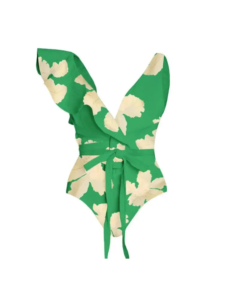 Women's belted printed ruffle swimsuit with wrap skirt set — alternate angle