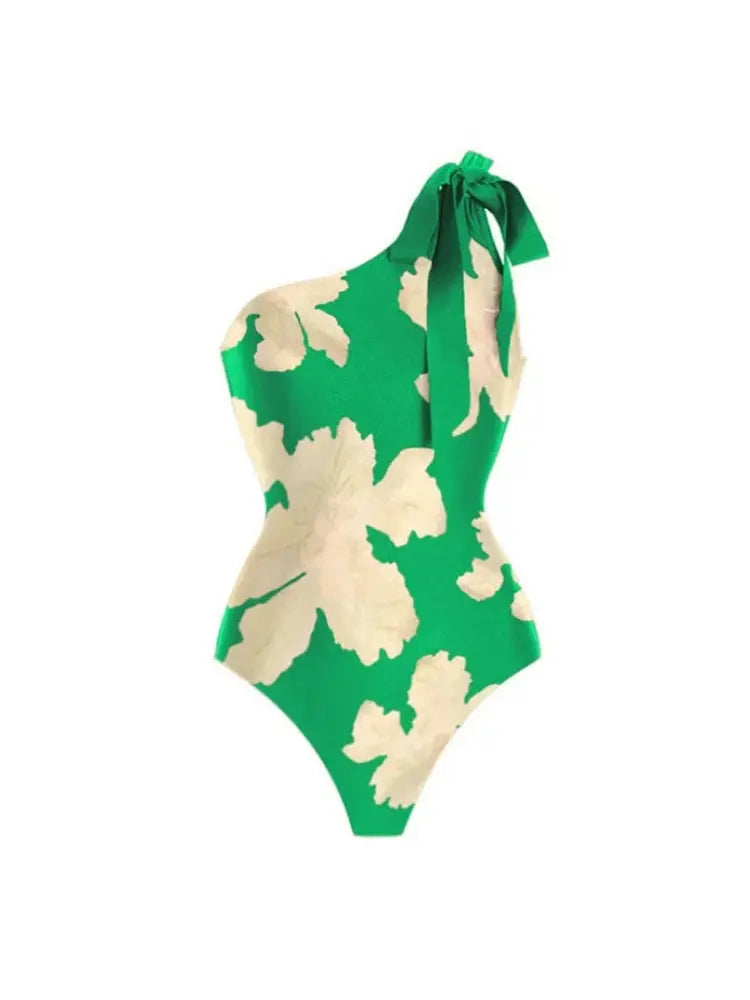 Women's belted printed ruffle swimsuit with wrap skirt set — detail