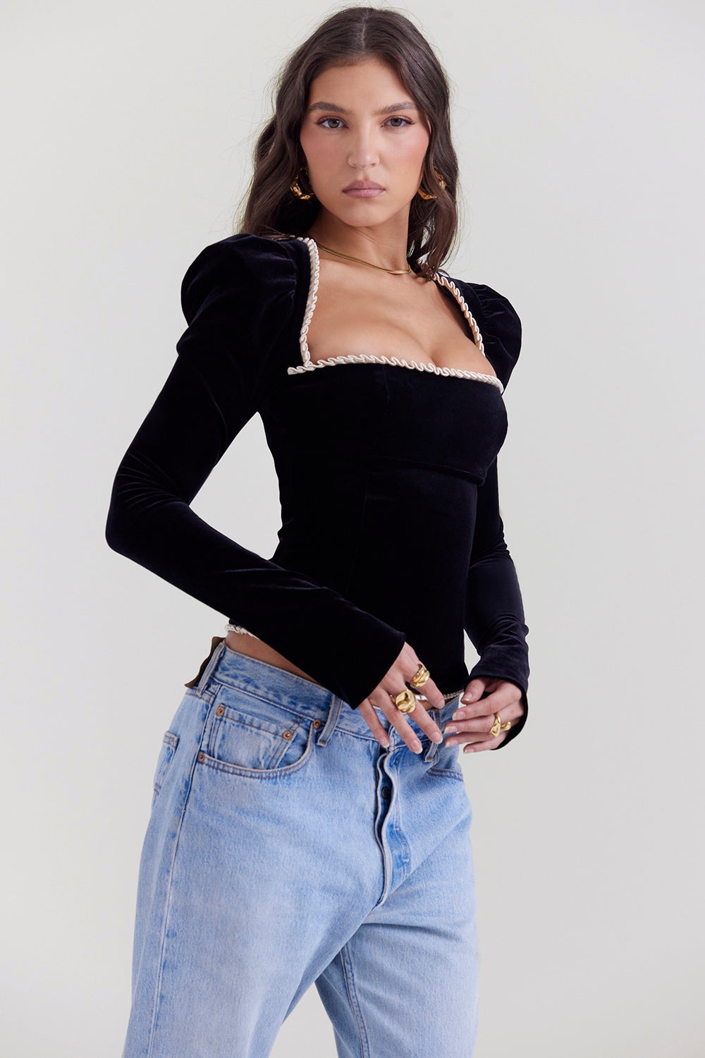 Women's black boned velvet corset — detail view