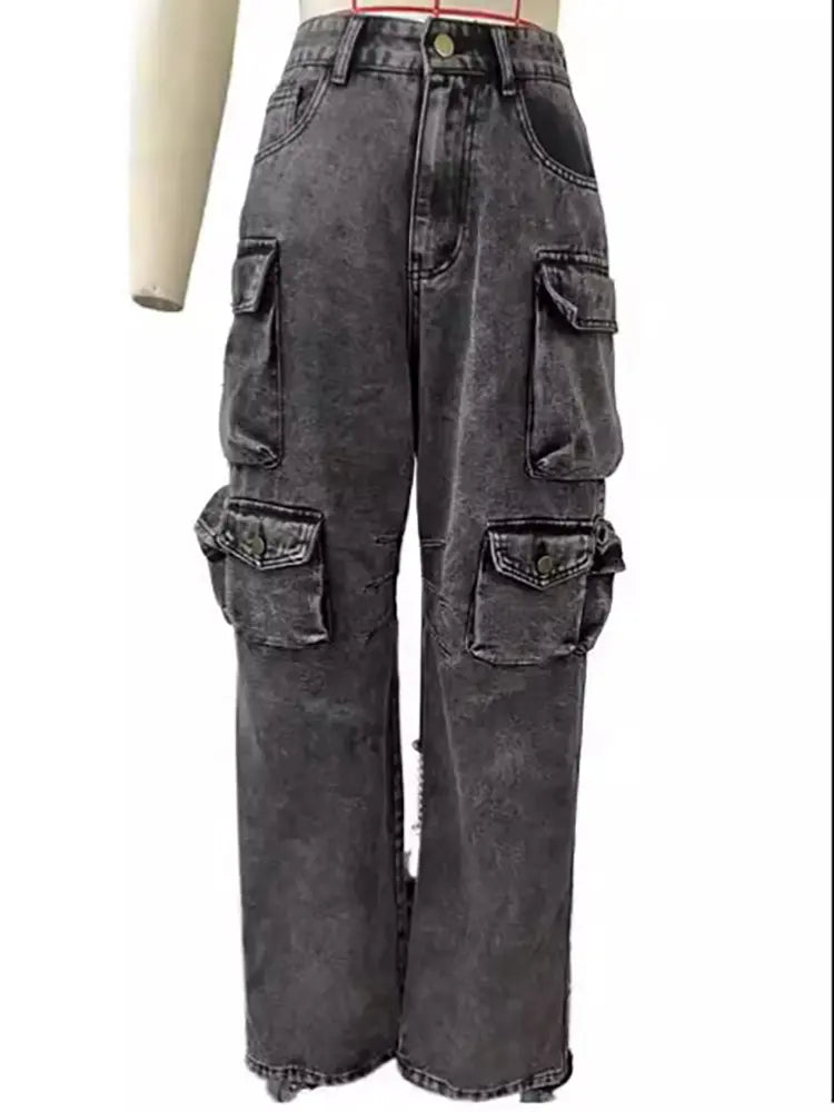 Women's black high-waisted cargo trousers