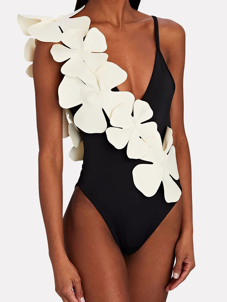 Women's black floral tie-front swimsuit and wrap skirt set — alternate angle